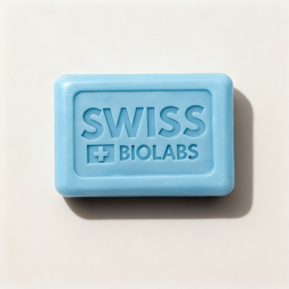 Blue bar of soap with 'Swiss Biolabs' branding on a light beige background