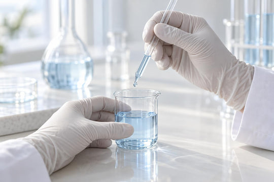 Illustrative laboratory scene with glassware and a pale-blue solution