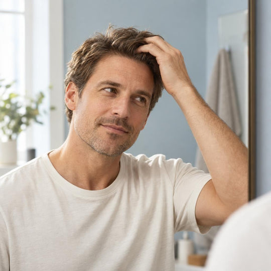 Man arranging his hair during his daily hair-care routine